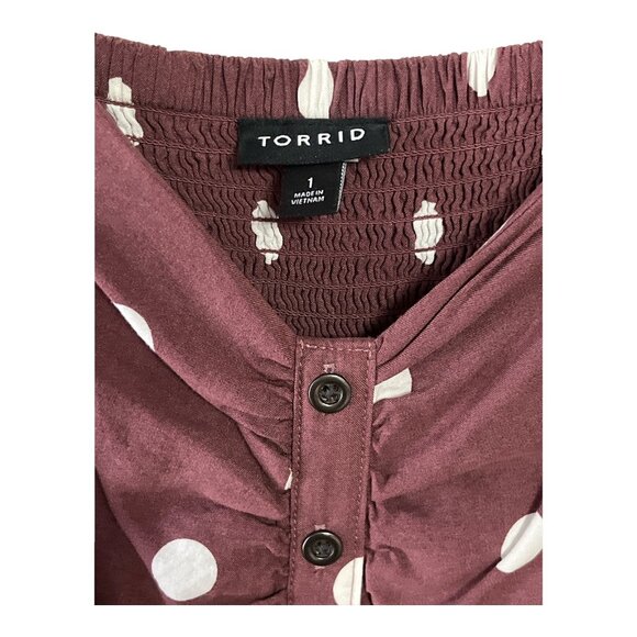 Torrid Women’s Size 1 Maroon Polka Dot Sleeveless Midi Dress with Smocked Bodice - Picture 2 of 7